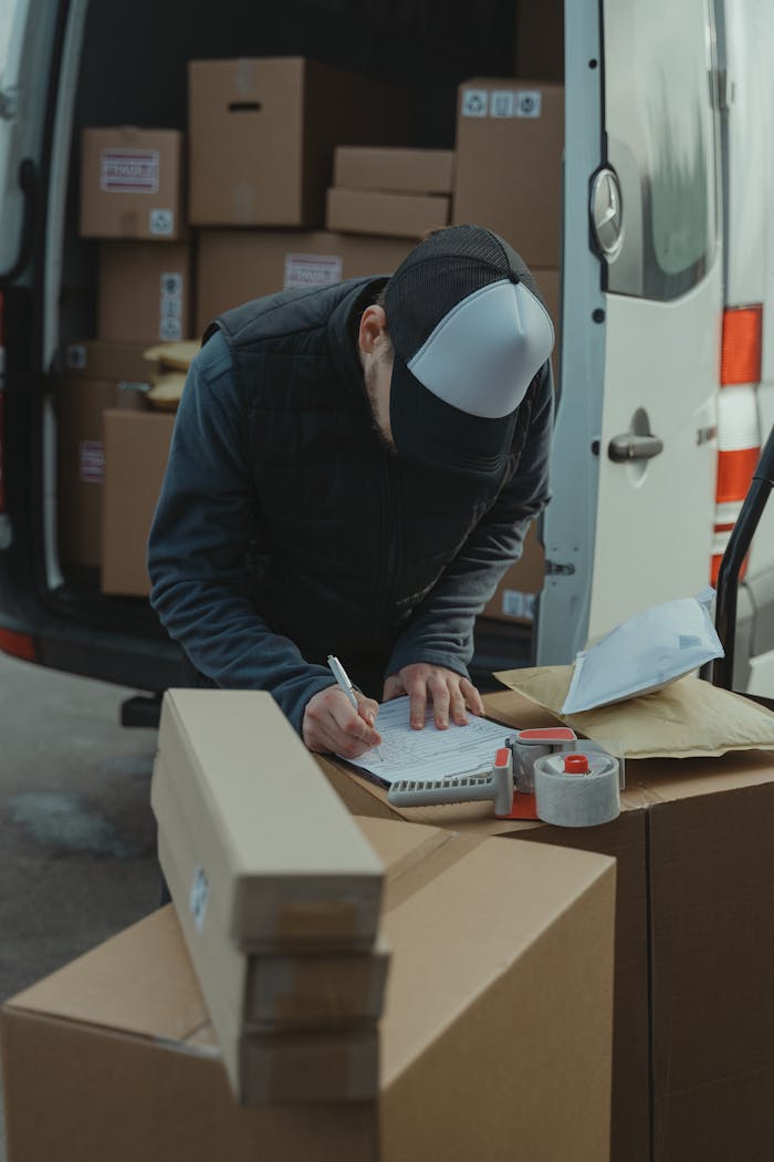 about-01 Courier organizing packages from a van, preparing for delivery in a logistics setting.